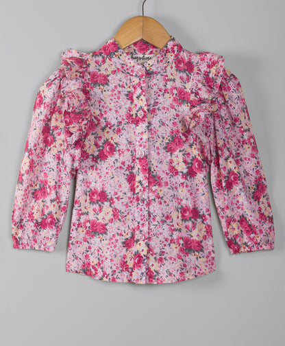 Pink Floral top with frills on the shoulder