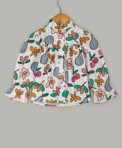 FLOWER AND PEAR PRINT TOP WITH MANDARIN COLLAR