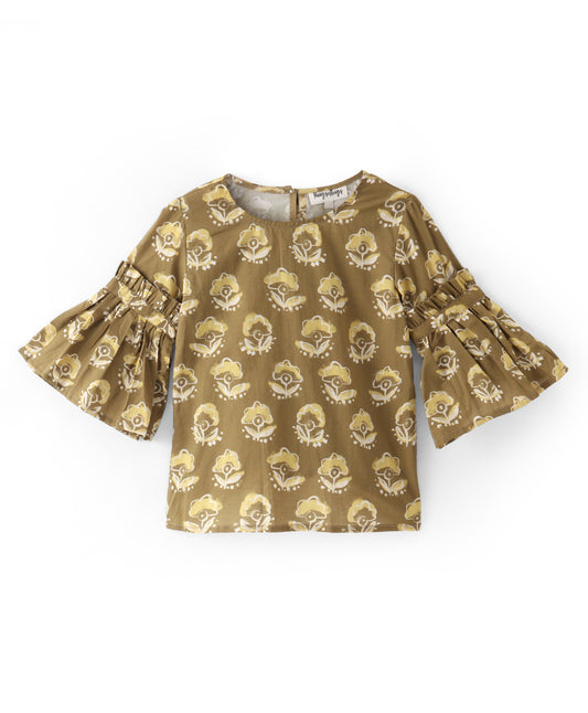 BEIGE MOTIF PRINT TOP WITH BELL SLEEVES