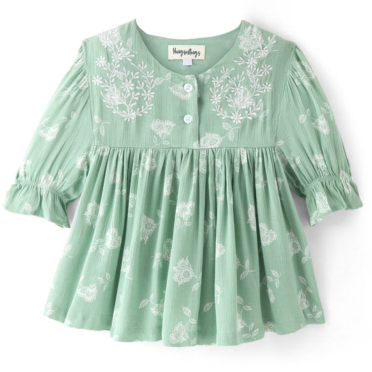 GREEN SOFT FLORAL PRINT TOP WITH CONTRAST EMBROIDERY AT YOKE