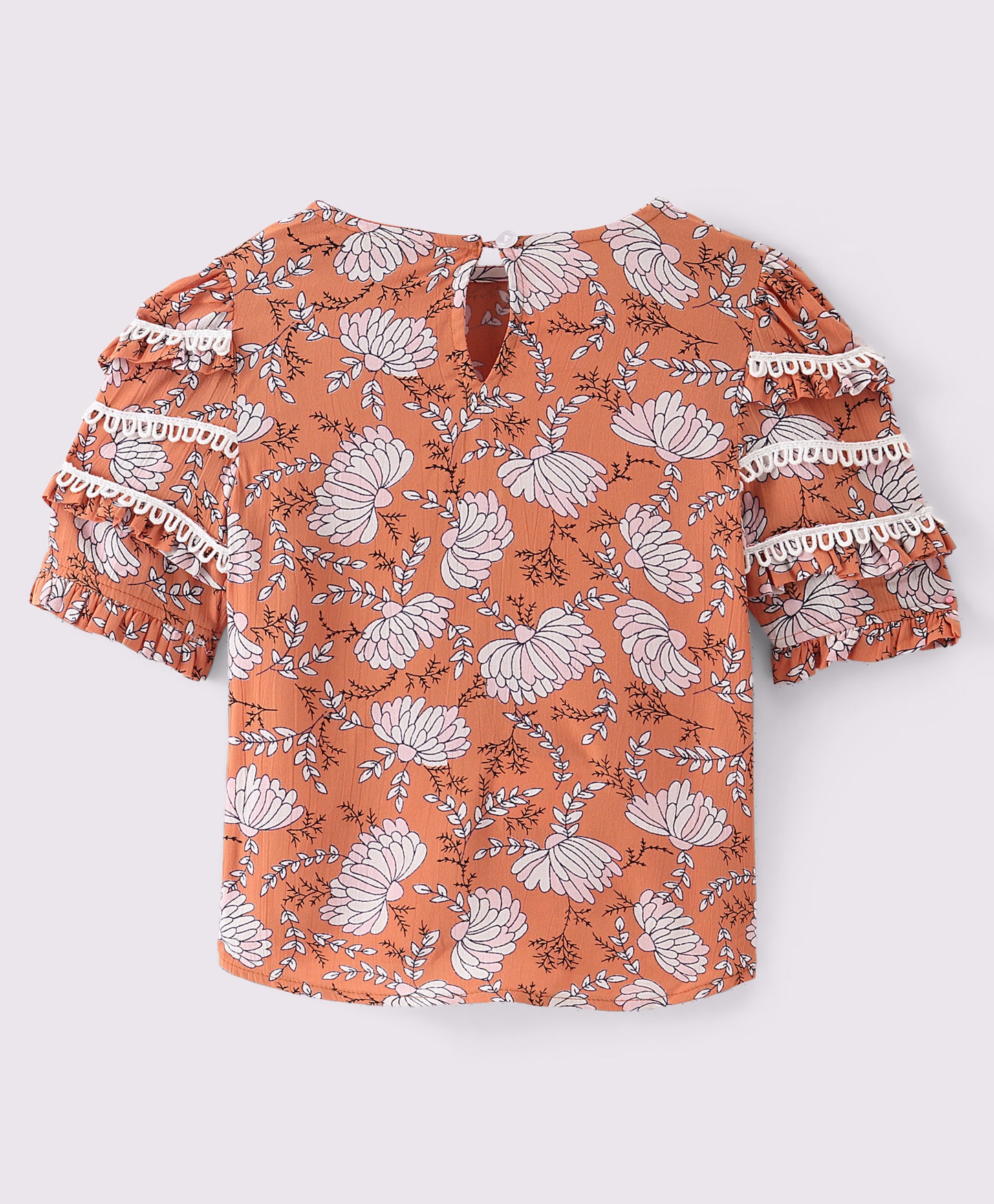 BURNT ORANGE FLORAL PRINT TOP WITH LACE TRIMS AT SLEEVES