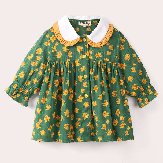 GREEN FLORAL PRINT TOP WITH CONTRAST PETERPAN COLLARS