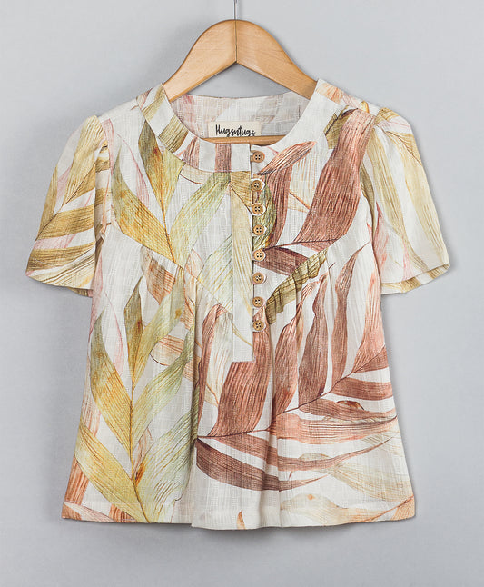 SOFT LEAVES PRINT TOP WITH WOODEN BUTTONS
