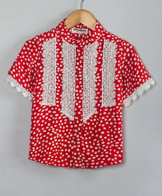 RED AND WHITE DOT PRINT TOP WITH LACES APPLIQUE