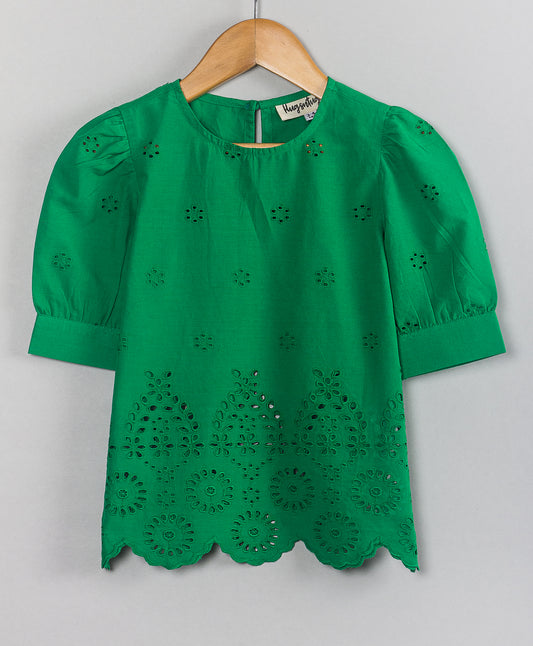 GREEN TOP WITH BORDER EYELET EMBROIDERY