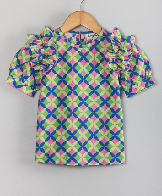 GEOMETRIC PRINT TOP WITH FRILLS AT ARMHOLE