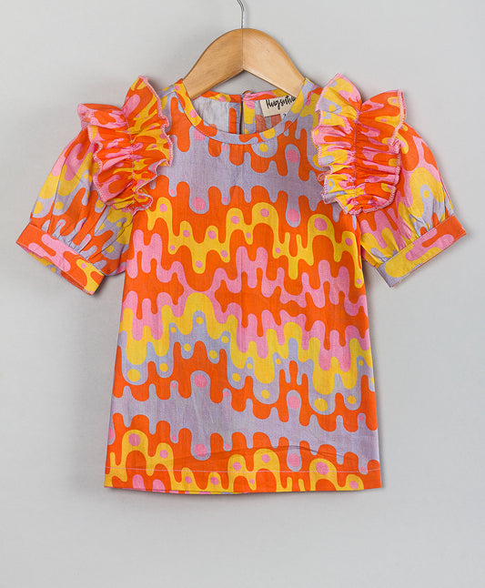 ORANGE AND GREY GEOMETRIC PRINT TOP WITH FRILLS AT ARMHOLE