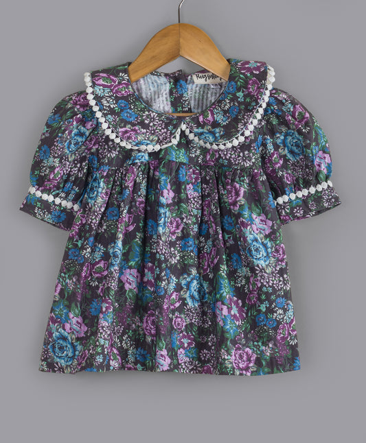 PURPLE AND BLUE FLORAL PRINT TOP WITH PETER PAN COLLAR