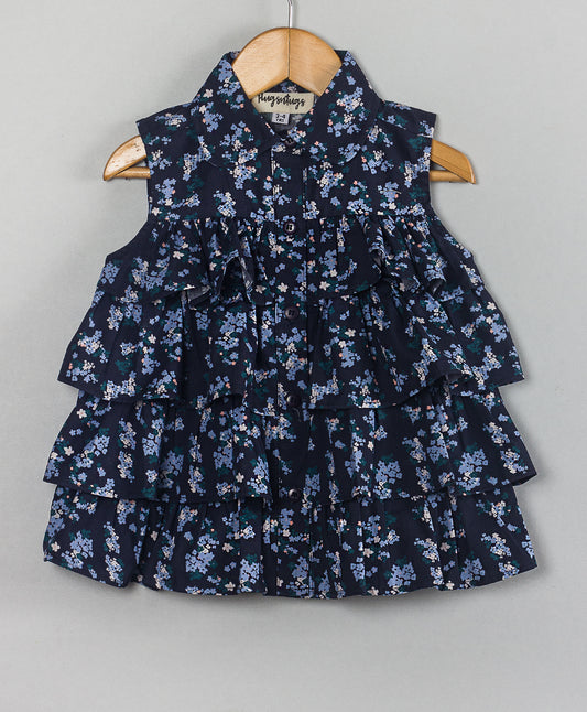 NAVY DITSY FLORAL TOP WITH FRILLS AT FRONT