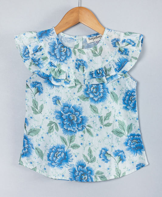 BLUE FLORAL PRINT TOP WITH FRILLS ALONG YOKE