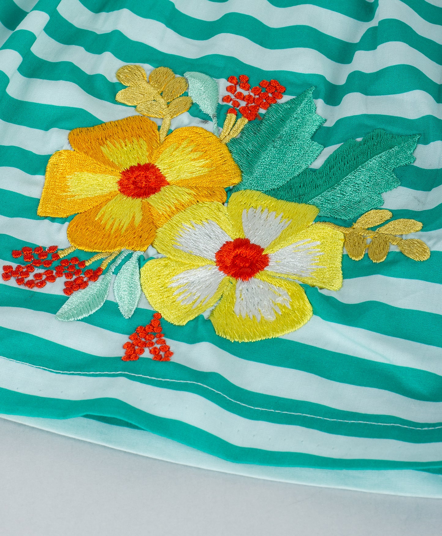 GREEN AND WHITE STRIPED PRINT TOP WITH FLOWER EMBROIDERY