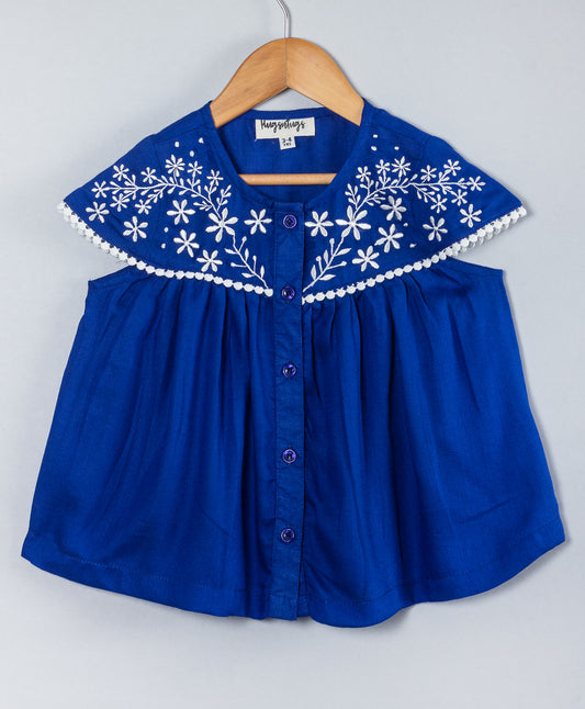 ROYAL BLUE SOLID TOP WITH ECRU EMBROIDERY ON YOKE