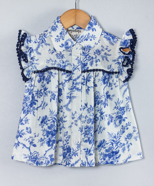 WHITE AND BLUE FLORAL TOP WITH NAVY LACE TRIMS