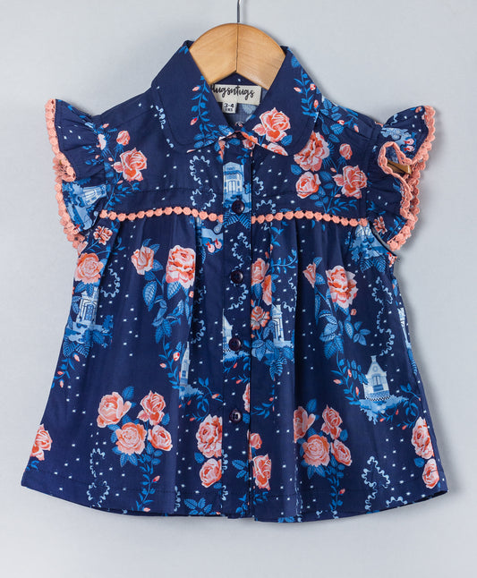 NAVY TOP WITH FLORAL PRINT AND CORAL LACE