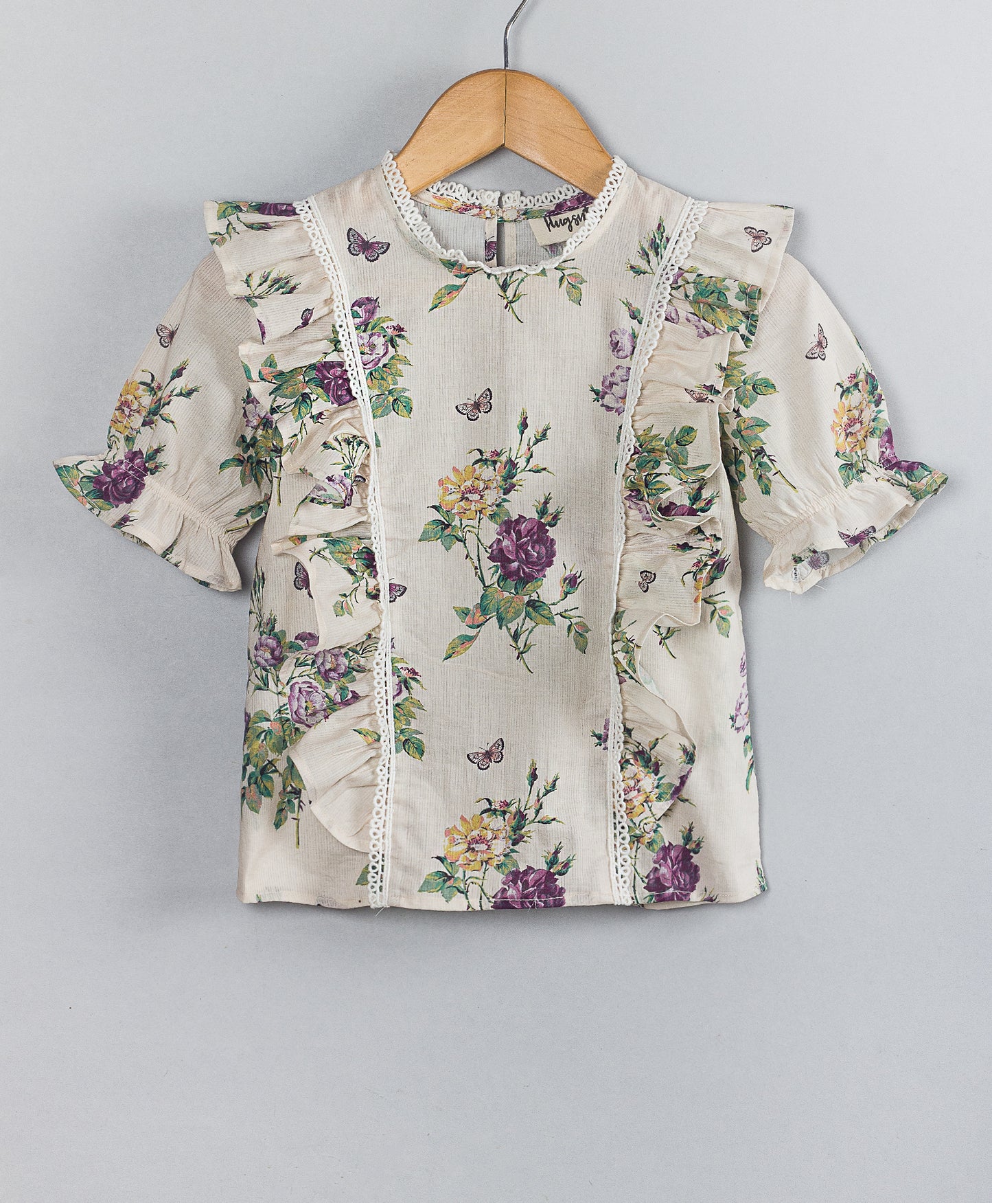 ECRU ROSE PRINT TOP WITH LADDER LACE