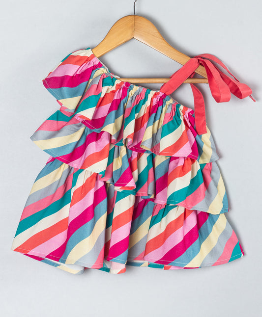 STRIPE PRINT TOP WITH FRILLS AND SHOULDER STRAP