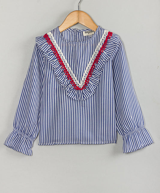 STRIPE PRINT TOP WITH CONTRAST LACE AT YOKE SEAM