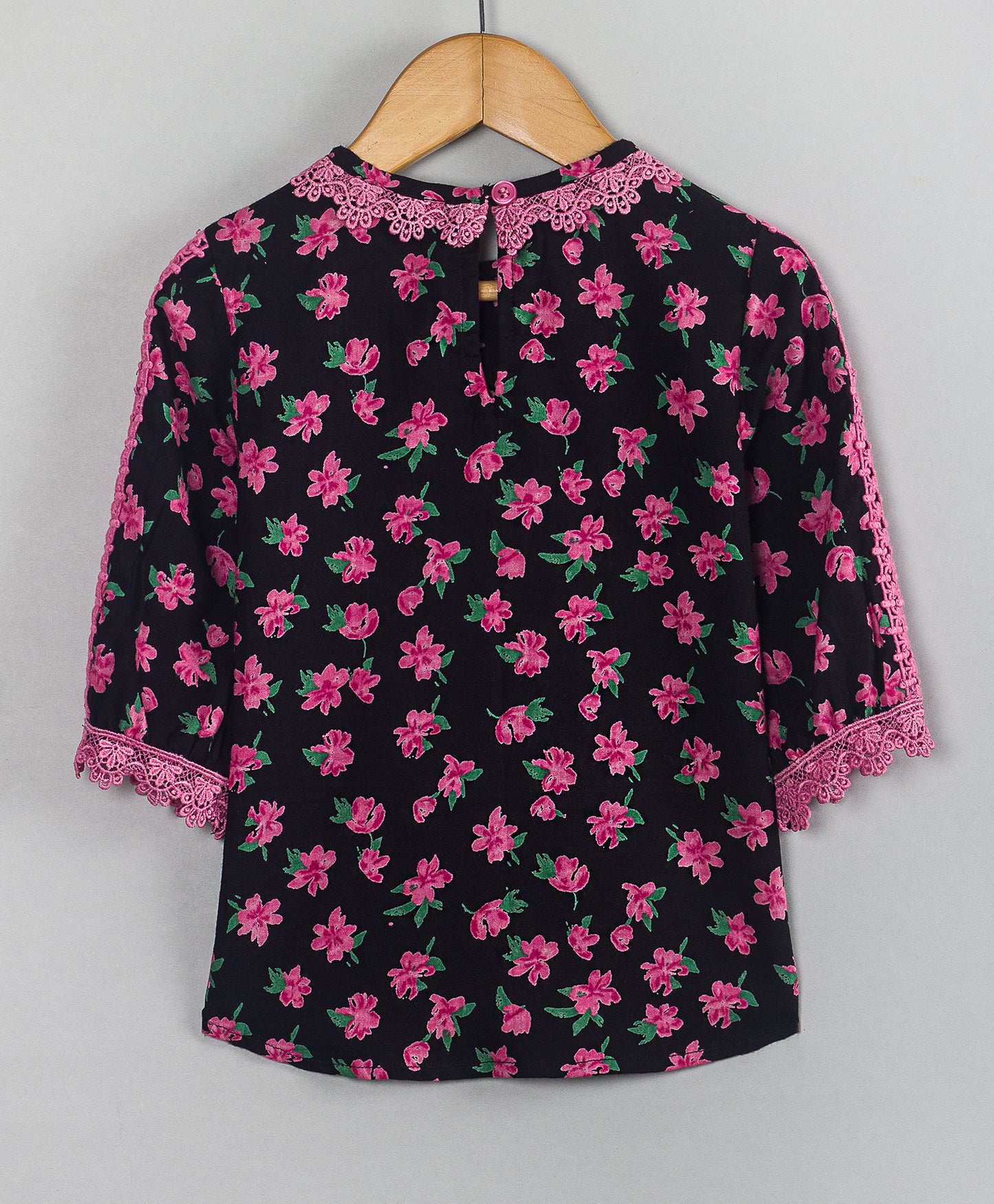 BLACK AND PINK FLORAL PRINT TOP WITH MATCHING LACE TOP APPLIED ON SLEEVES