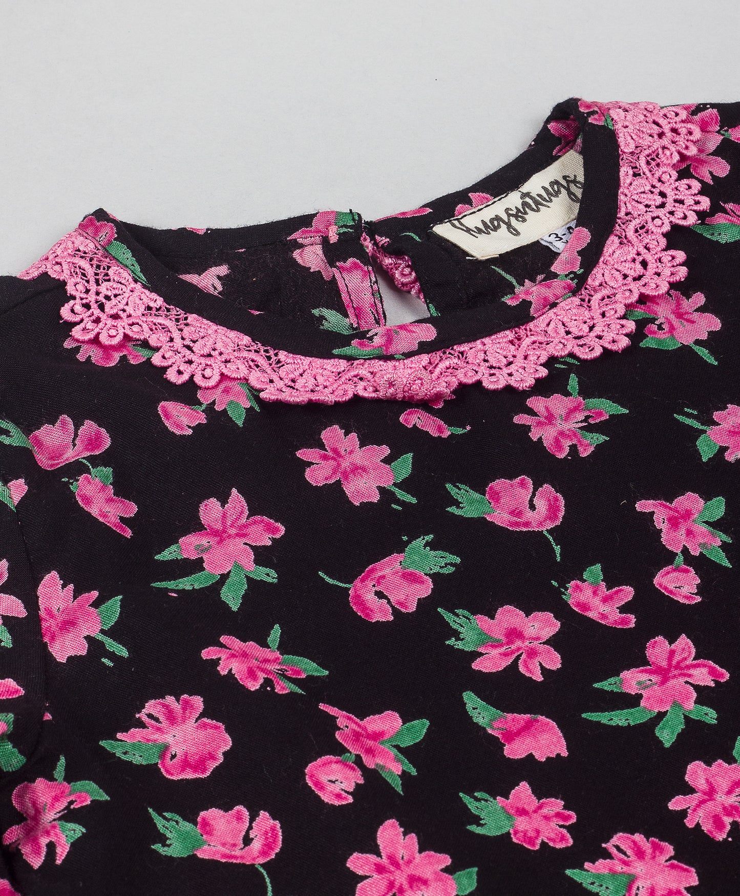 BLACK AND PINK FLORAL PRINT TOP WITH MATCHING LACE TOP APPLIED ON SLEEVES