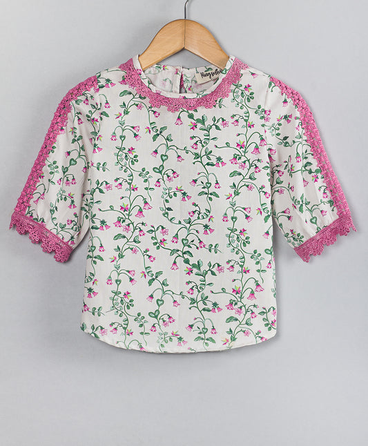 WHITE AND PINK FLORAL PRINT TOP WITH MATCHING LACE TOP APPLIED ON SLEEVES