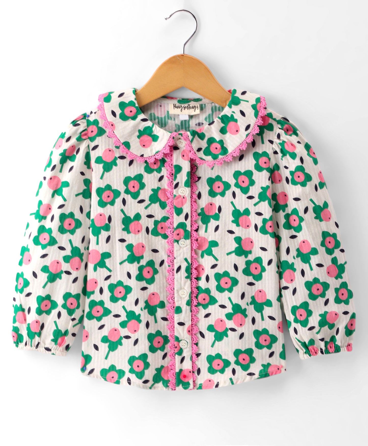 FULL SLEEVE GREEN FLOWER PRINT TOP WITH PINK LACE DETAILING