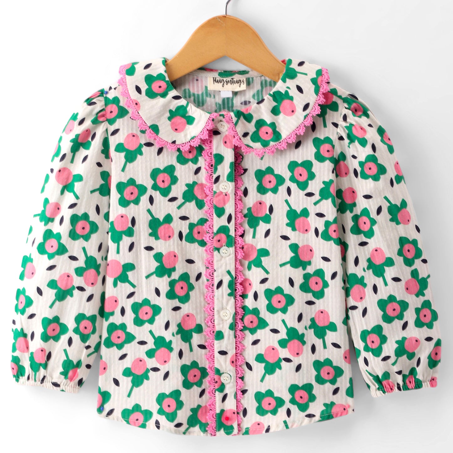 FULL SLEEVE GREEN FLOWER PRINT TOP WITH PINK LACE DETAILING