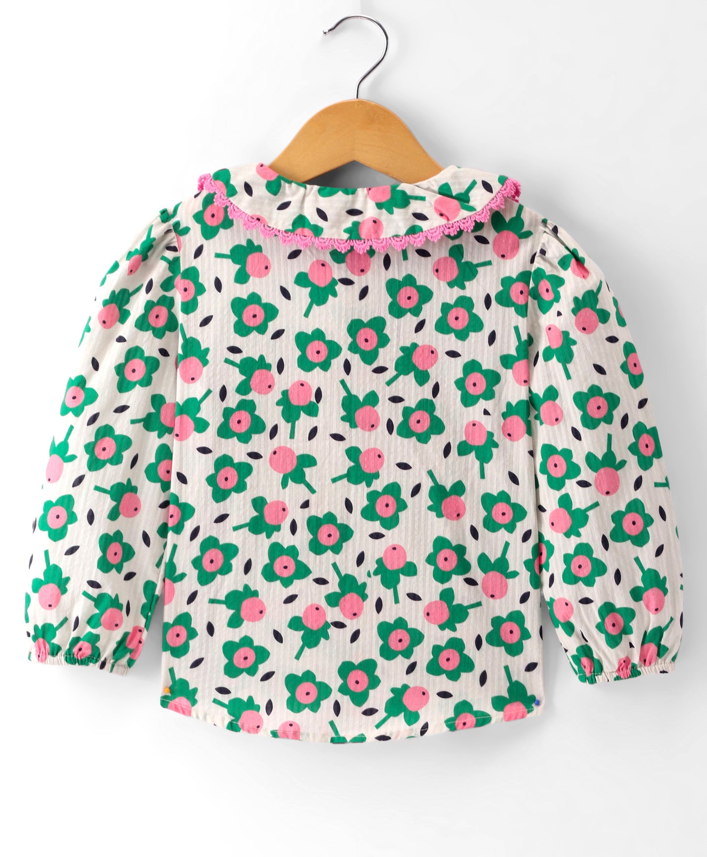 FULL SLEEVE GREEN FLOWER PRINT TOP WITH PINK LACE DETAILING