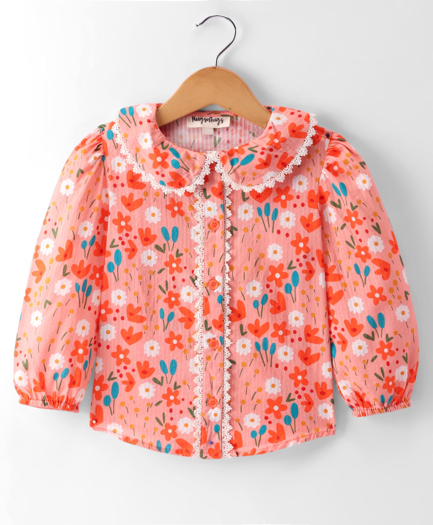 PEACH FLORAL PRINT TOP WITH CONTRAST LACE AT COLLARS AND CF PLACKET