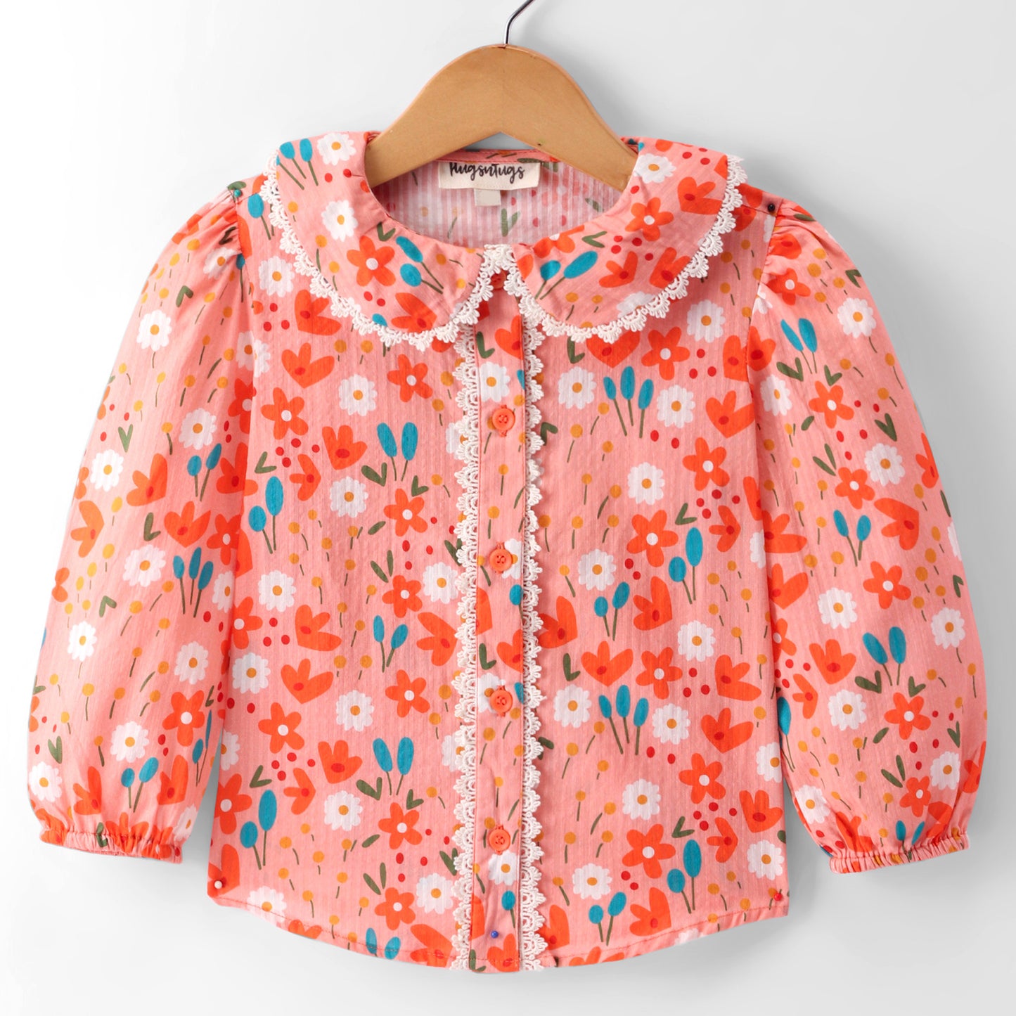 PEACH FLORAL PRINT TOP WITH CONTRAST LACE AT COLLARS AND CF PLACKET