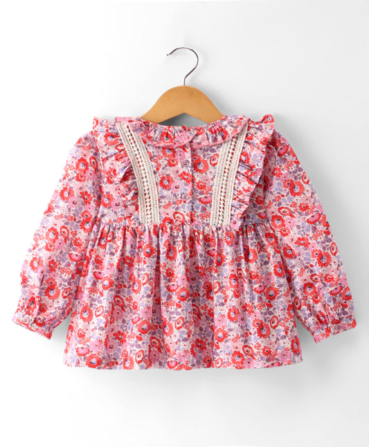 PINK FLORAL PRINT TOP WITH LACE ON YOKE