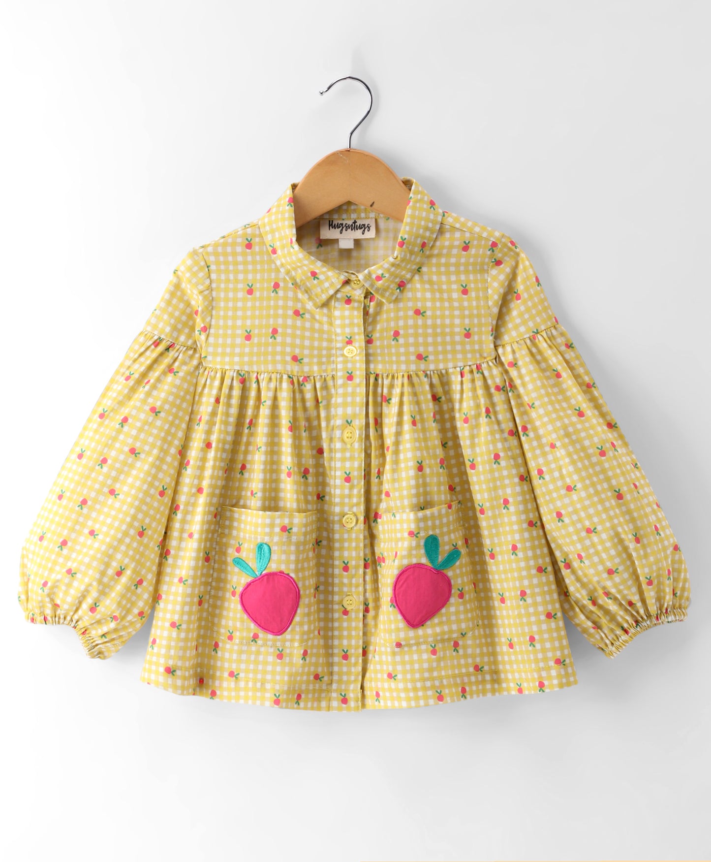 YELLOW CHECK AND STRAWBERRY PRINT FULL SLEEEVES TOP