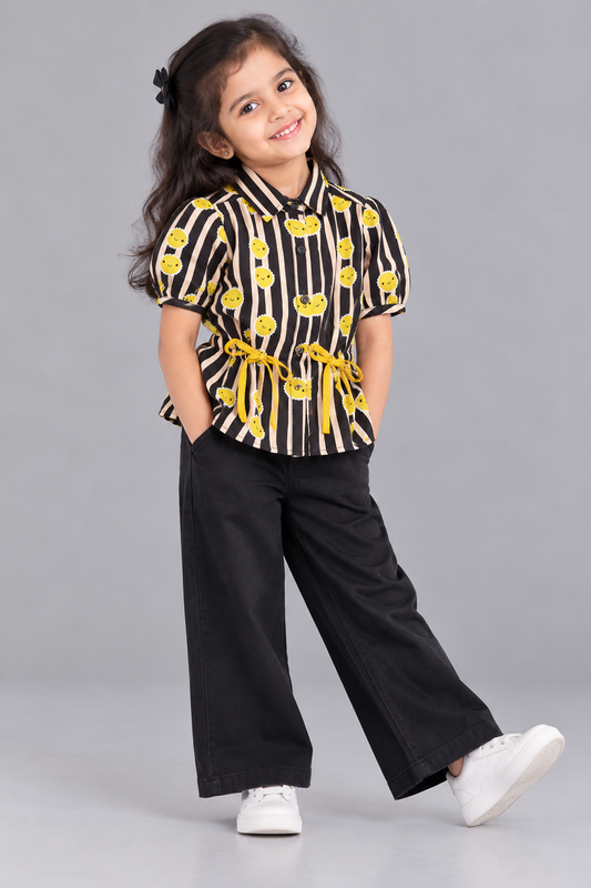 BLACK YELLOW STRIPE WITH SMILEY PRINT SHIRT