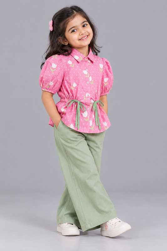 PINK TULIP PRINT TOP WITH GREEN TIE UP AT FRONTS