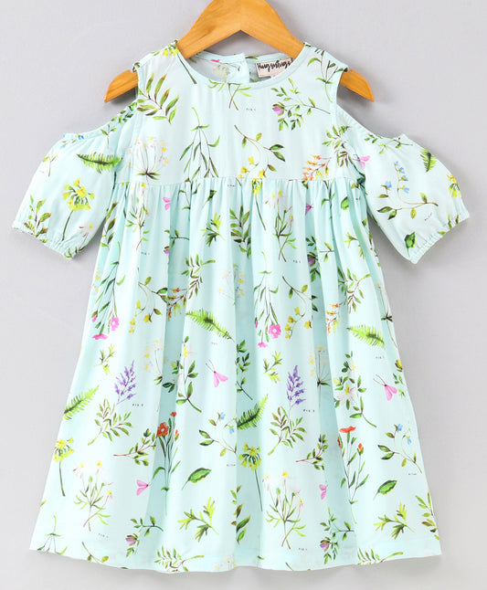 Half Cold Shoulder Sleeves Seamless Flower & Leaf Printed Fit & Flare Dress - Aqua Green