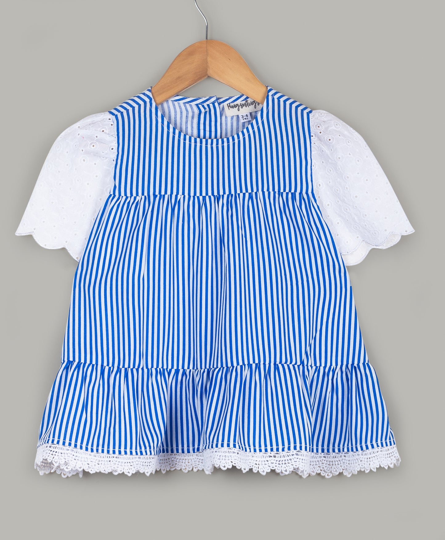 Stripe panelled top with schiffli sleeves