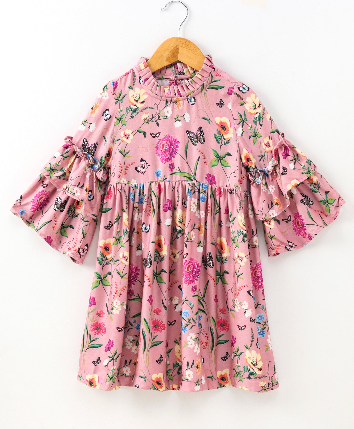Full Bell Sleeves Seamless Flower & Leaf With Butterfly Printed Ruffle Detailed Flared Dress - Pink