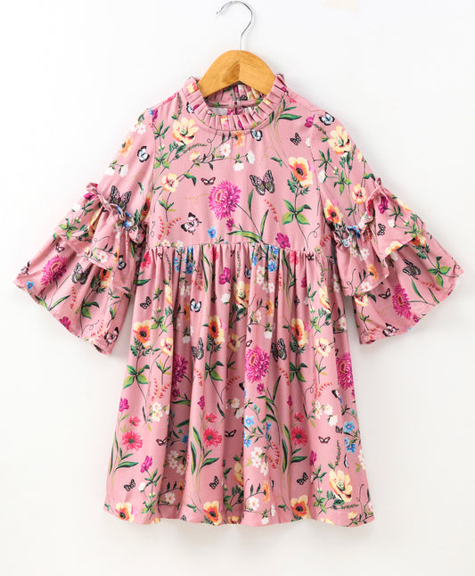 Full Bell Sleeves Seamless Flower & Leaf With Butterfly Printed Ruffle Detailed Flared Dress - Pink