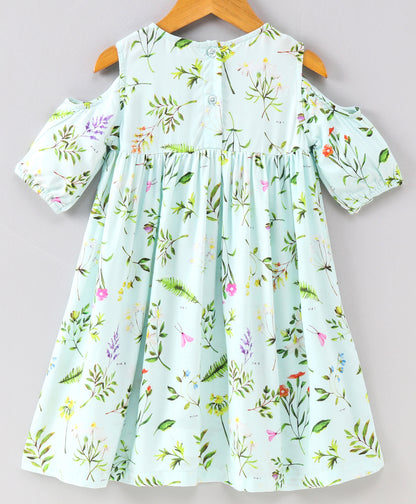 Half Cold Shoulder Sleeves Seamless Flower & Leaf Printed Fit & Flare Dress - Aqua Green