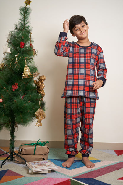 Navy and red plaid print tracksuit