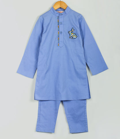 blue kurta set with polygon rabbit embroidery