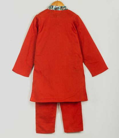 burnt orange kurta set with paisly print fixed jacket