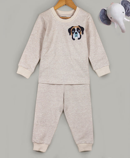 Beige Dog face embroidery tracksuit