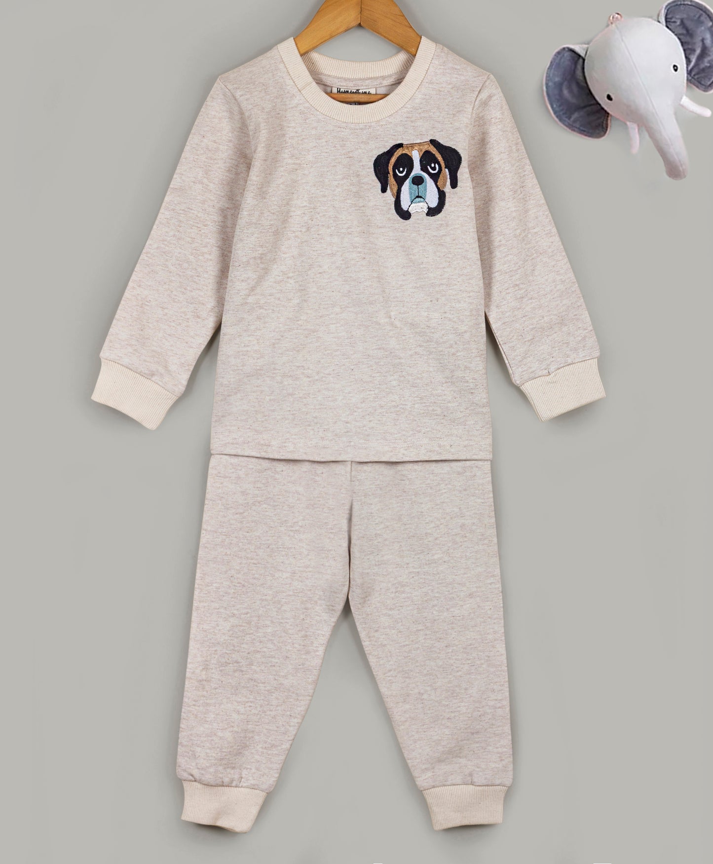 Beige Dog face embroidery tracksuit