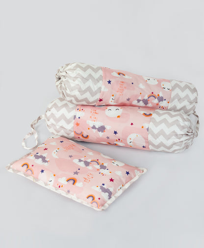 moon and cloud print cot set with grey chevron side print