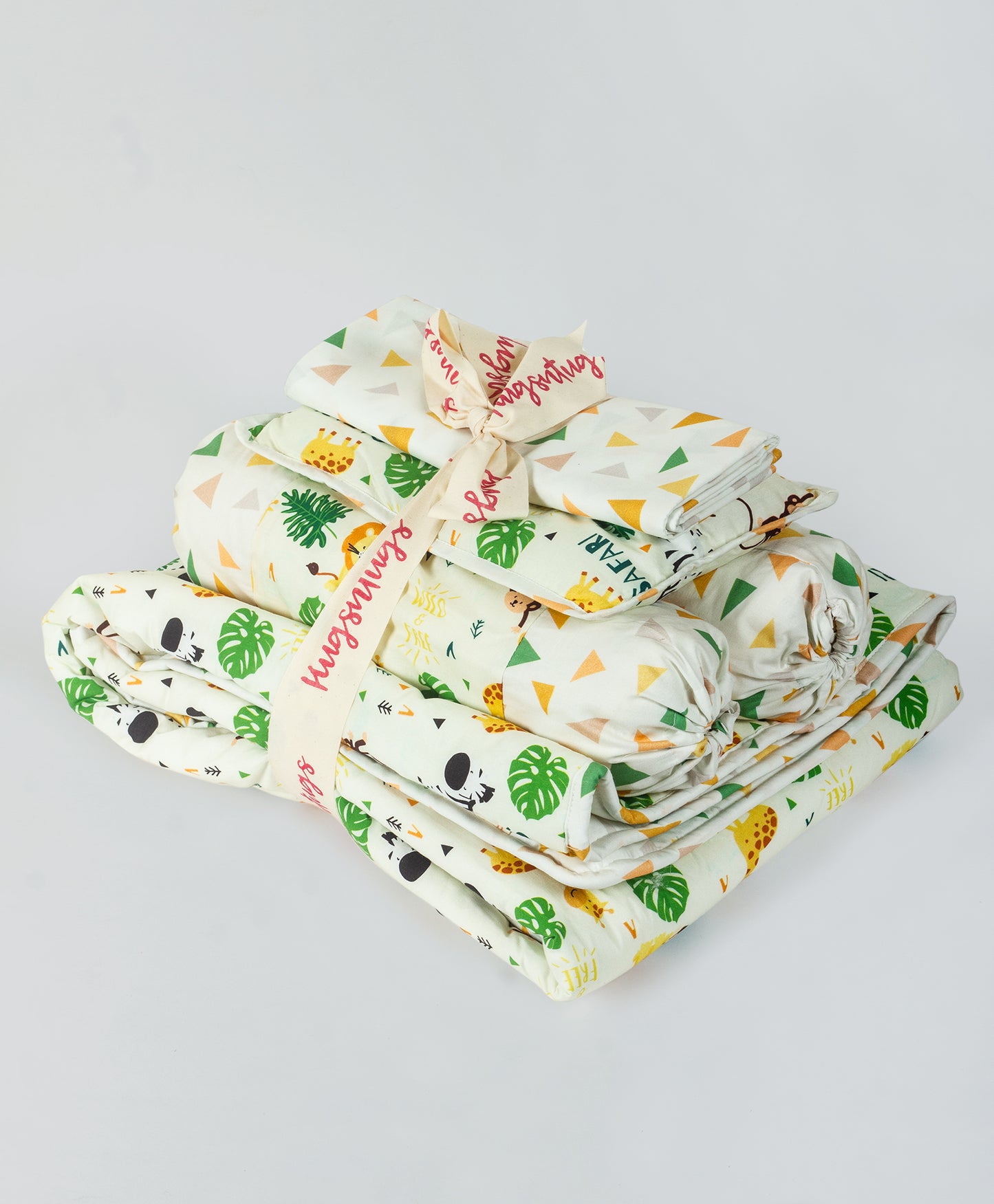 jungle safari print cot set with multi triangle side print