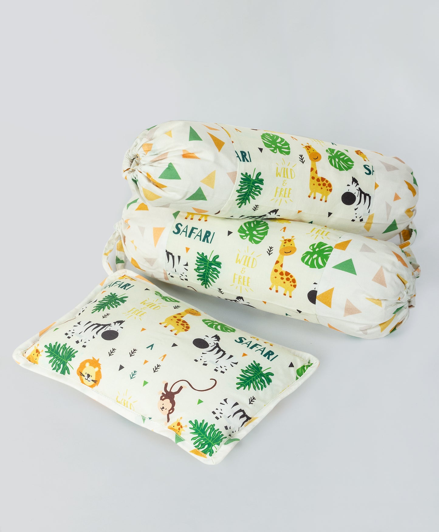 jungle safari print cot set with multi triangle side print