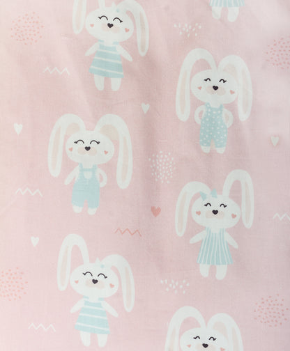 pink bunny print cot set with blue chevron side prnt
