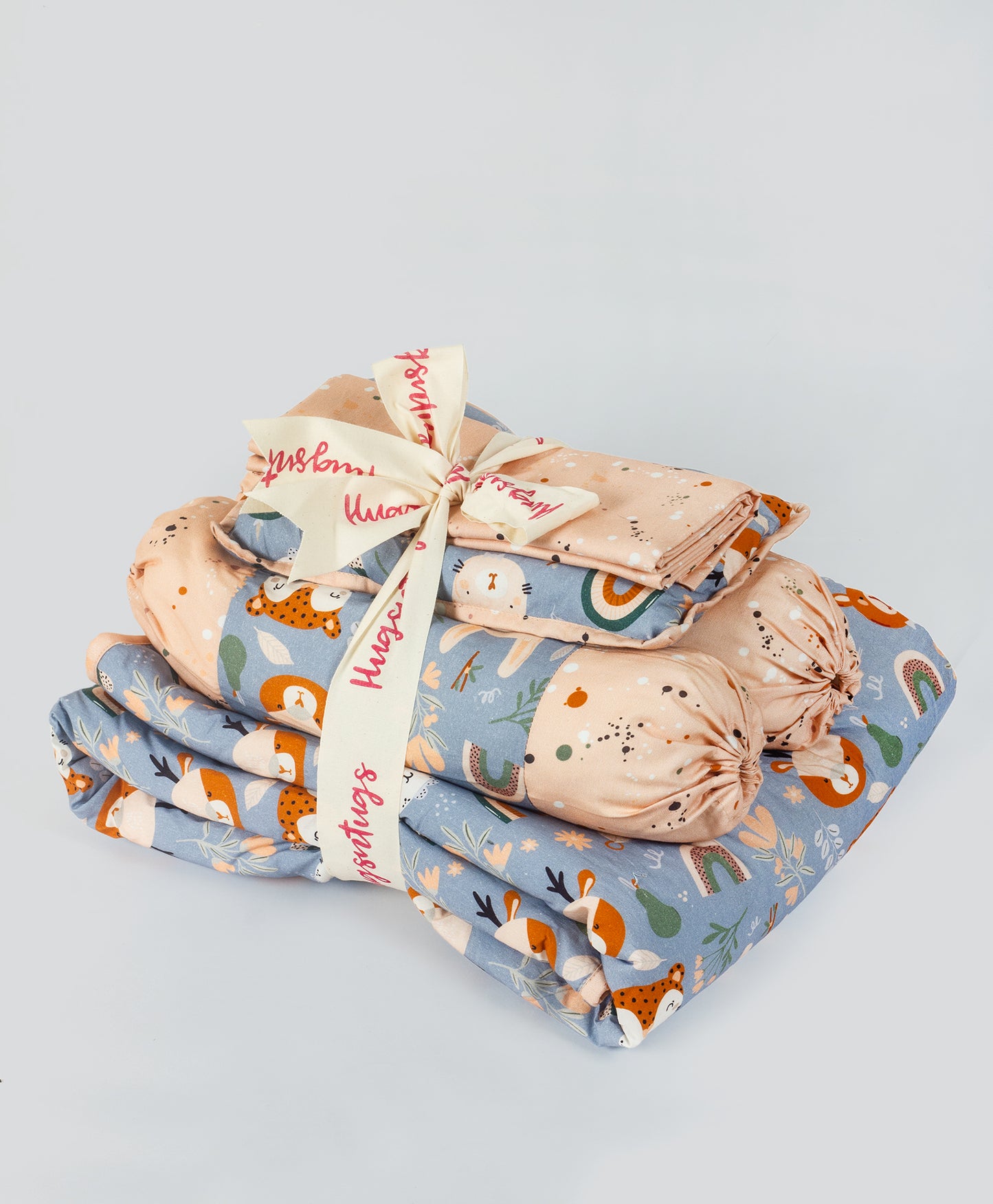 bunny and bear print cot set with peach multi dot side print