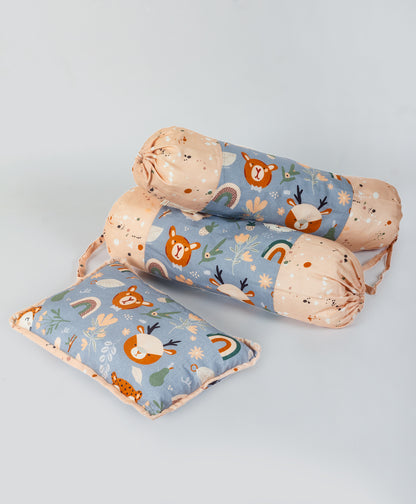 bunny and bear print cot set with peach multi dot side print