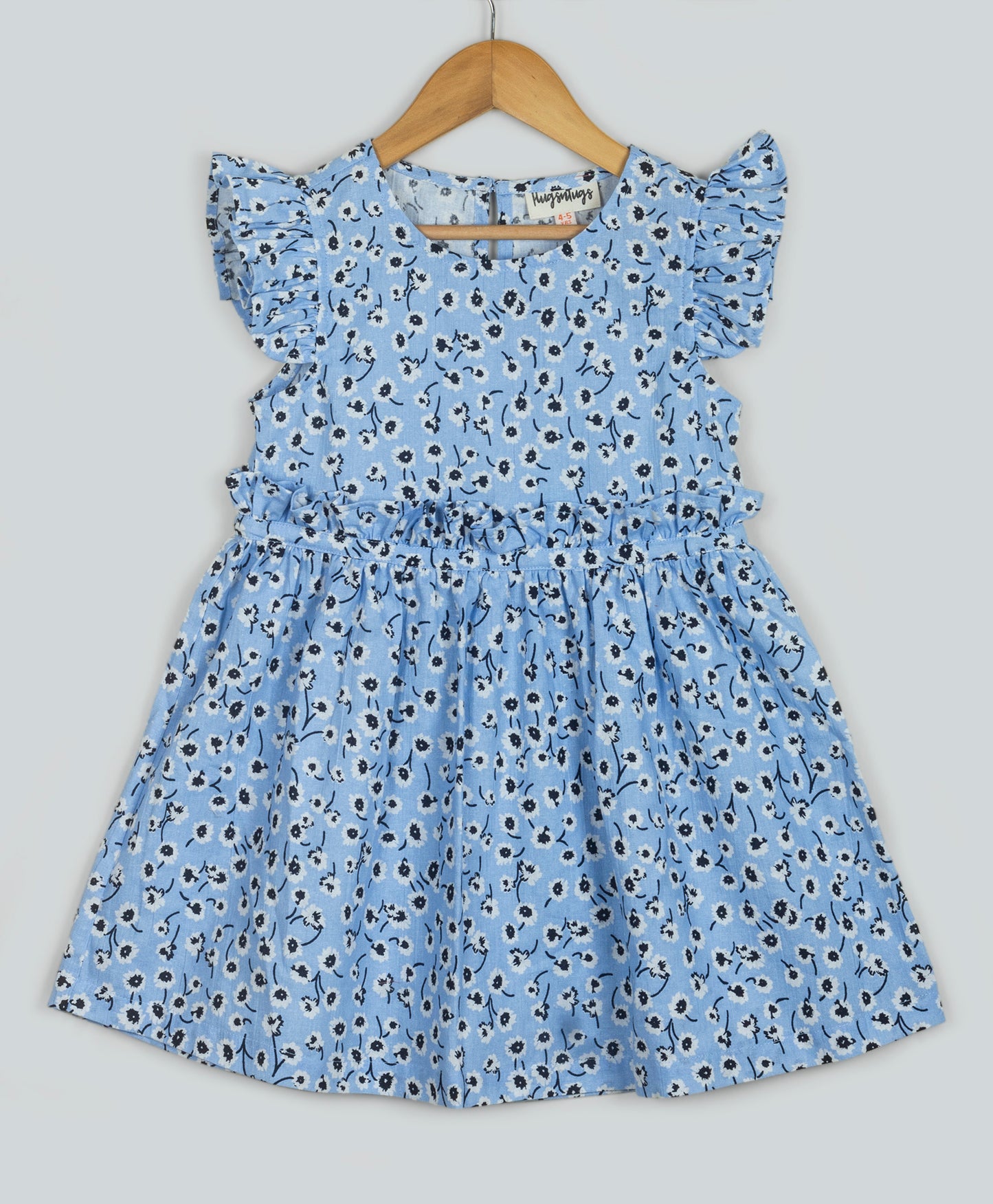 BLUE DITSY FLORAL PRINT DRESS WITH PLEATS AT FRONT WAIST